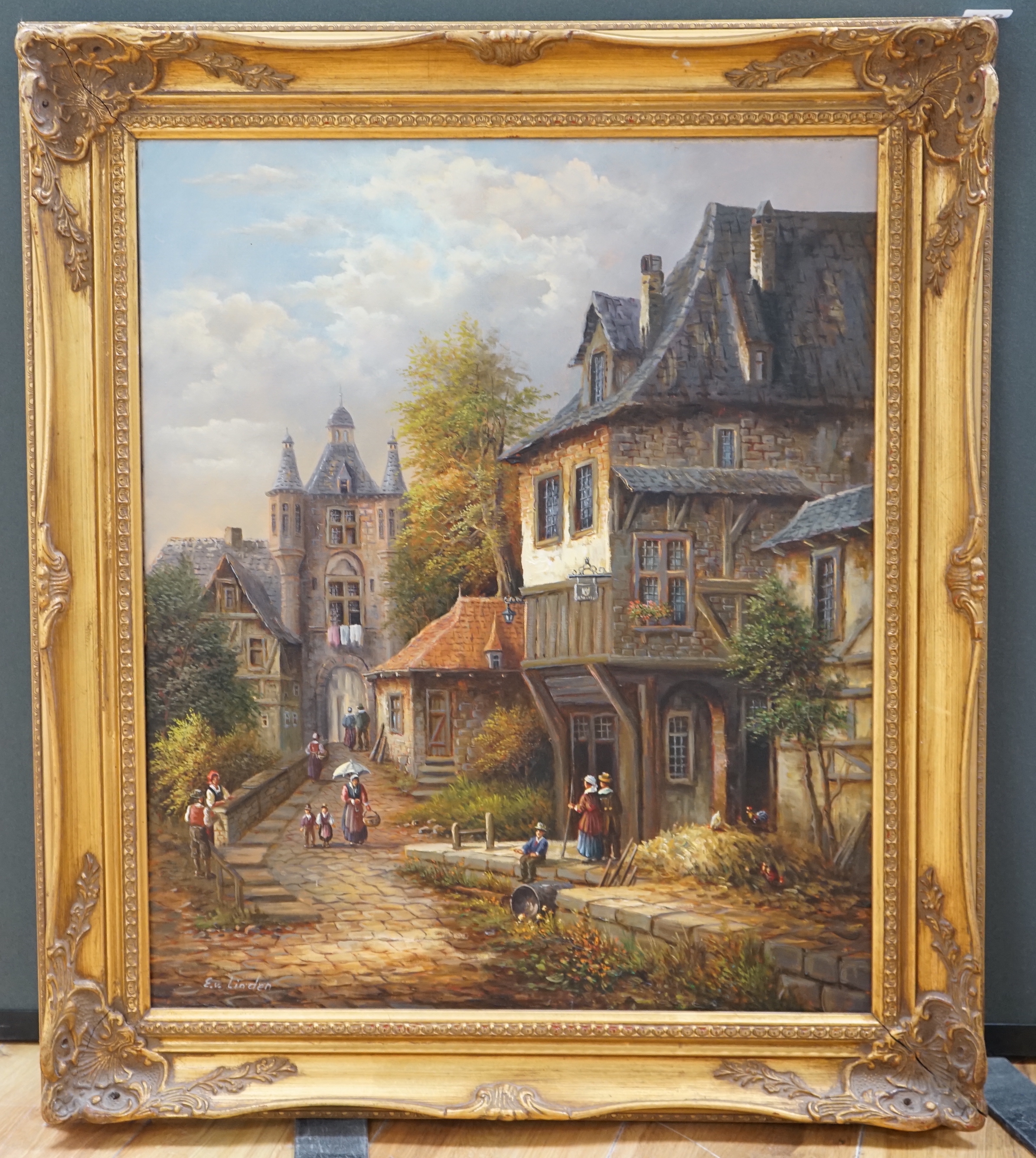 E.Van Linden, oil on canvas, Austrian street scene with figures, signed, 59 x 49cm, ornate gilt frame